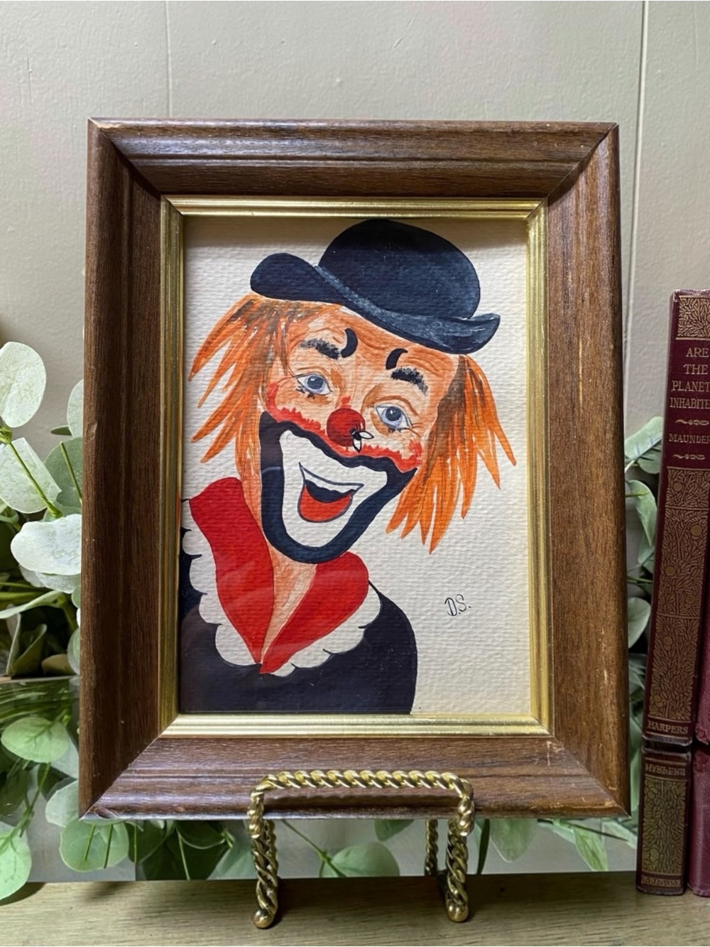 Vintage Clown Painting Black Hat Fly On Red Nose Framed Under Glass Signed DS